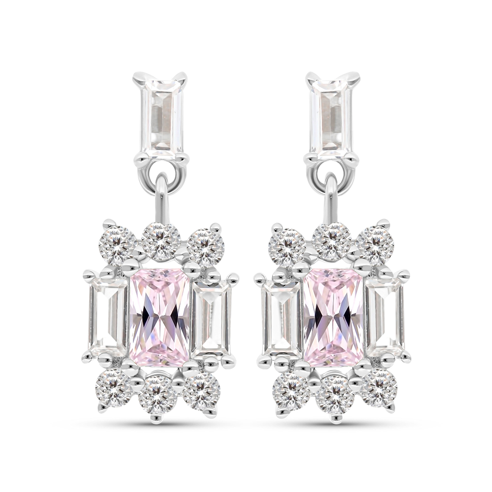 Sterling Silver 925 Earring Rhodium Plated Embedded With Pink Zircon And White CZ