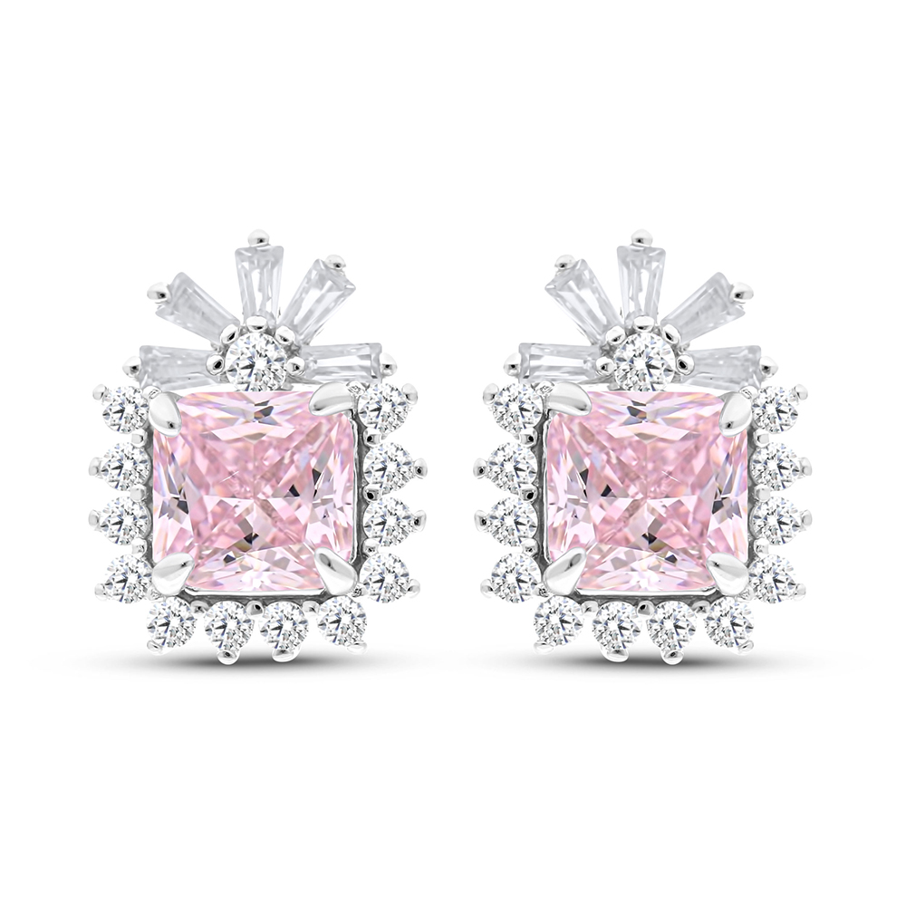 Sterling Silver 925 Earring Rhodium Plated Embedded With Pink Zircon And White CZ