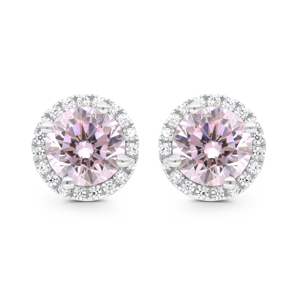 Sterling Silver 925 Earring Rhodium Plated Embedded With Pink Zircon And White CZ