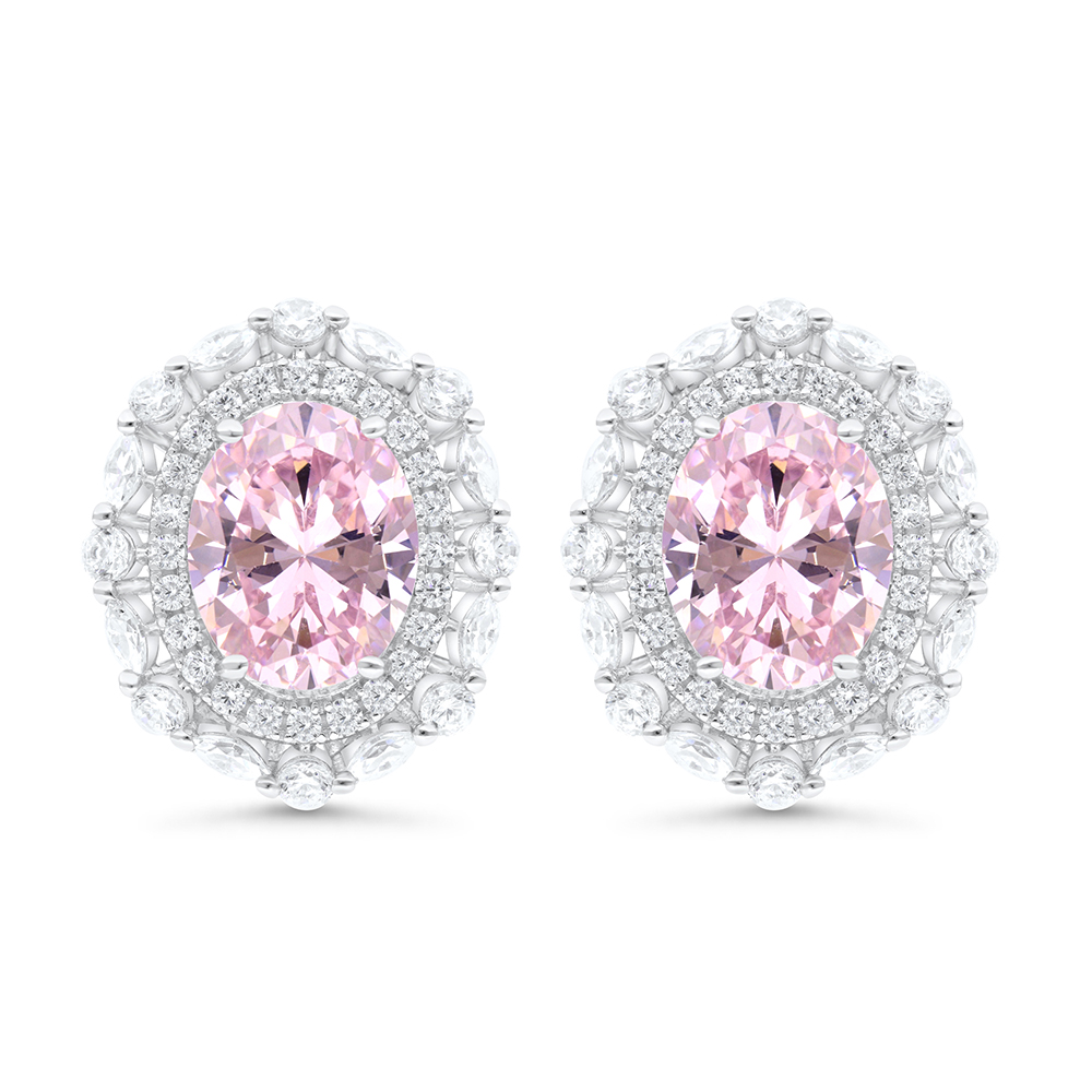 Sterling Silver 925 Earring Rhodium Plated Embedded With Pink Zircon And White CZ