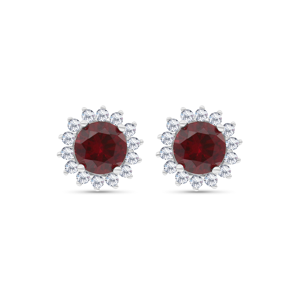 Sterling Silver 925 Earring Rhodium Plated Embedded With Ruby Corundum And White CZ