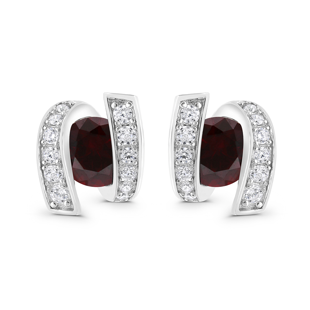 Sterling Silver 925 Earring Rhodium Plated Embedded With Ruby Corundum And White CZ