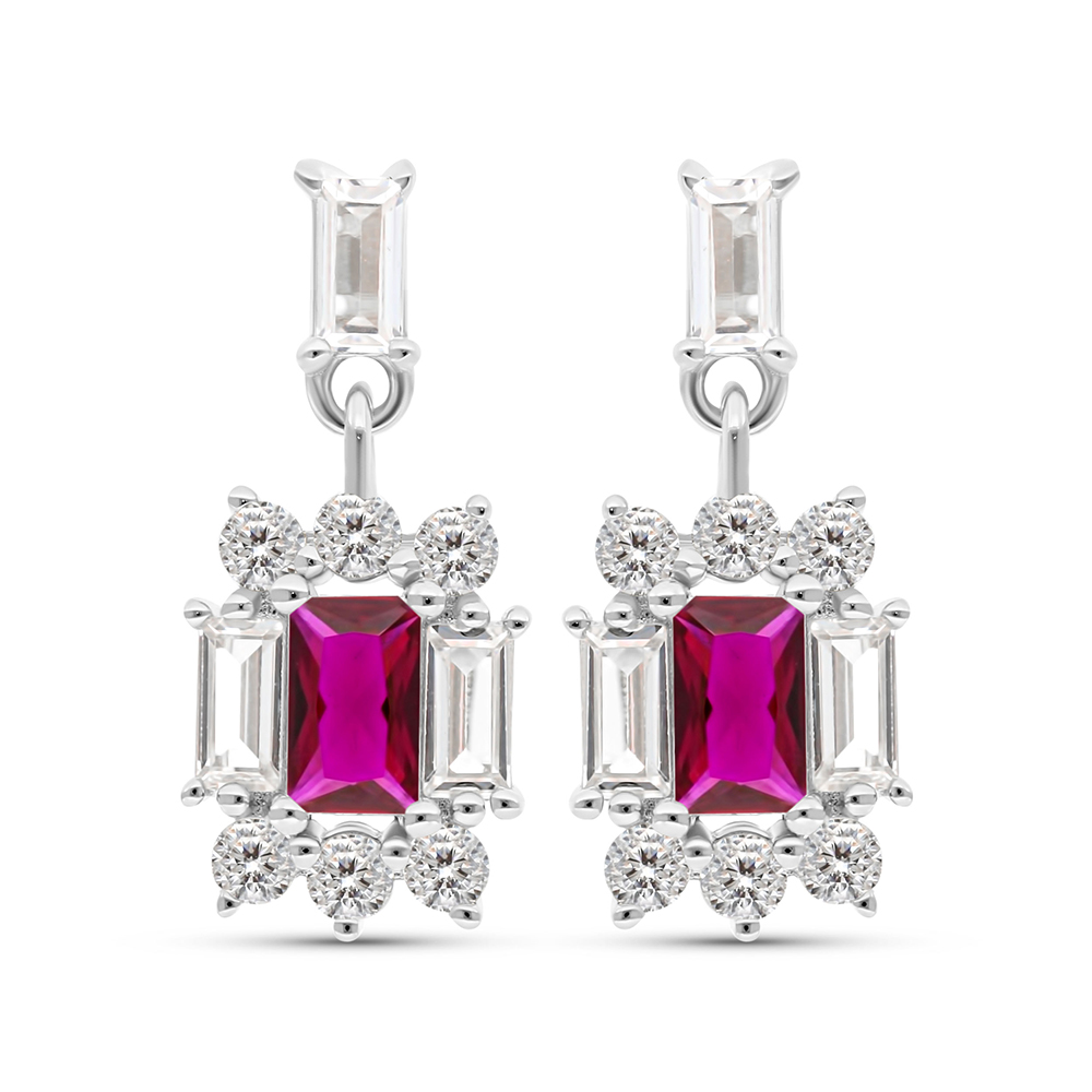 Sterling Silver 925 Earring Rhodium Plated Embedded With Ruby Corundum And White CZ