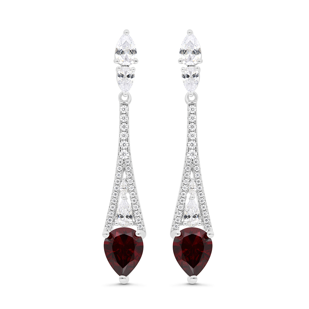 Sterling Silver 925 Earring Rhodium Plated Embedded With Ruby Corundum And White CZ