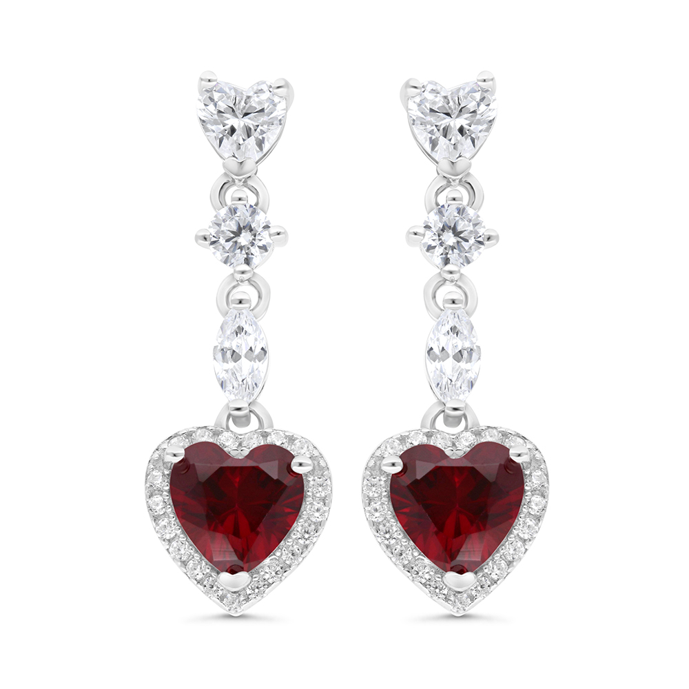 Sterling Silver 925 Earring Rhodium Plated Embedded With Ruby Corundum And White CZ