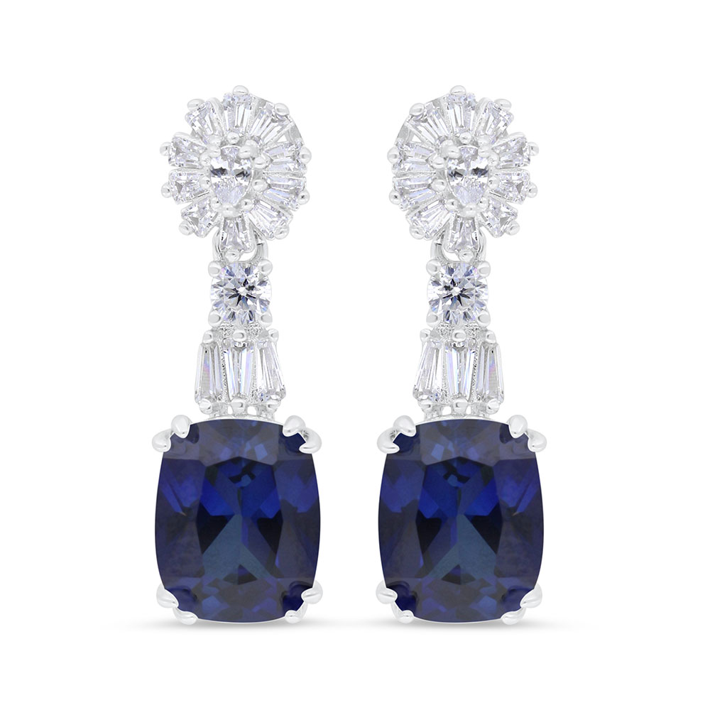 Sterling Silver 925 Earring Rhodium Plated Embedded With Sapphire Corundum And White CZ