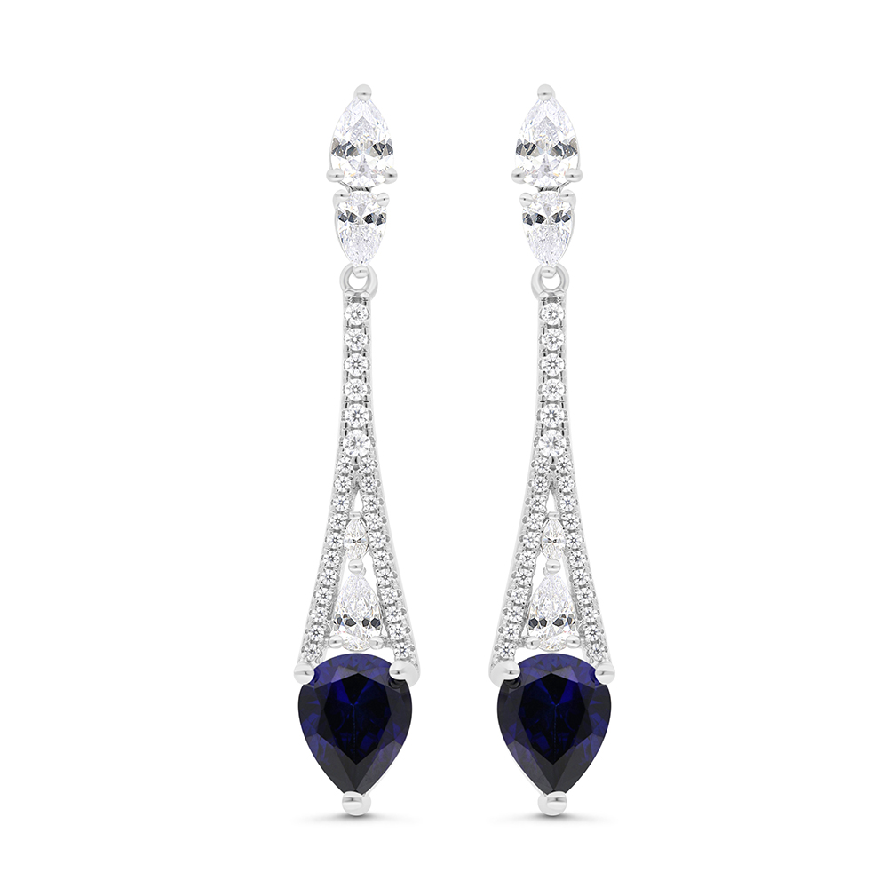 Sterling Silver 925 Earring Rhodium Plated Embedded With Sapphire Corundum And White CZ