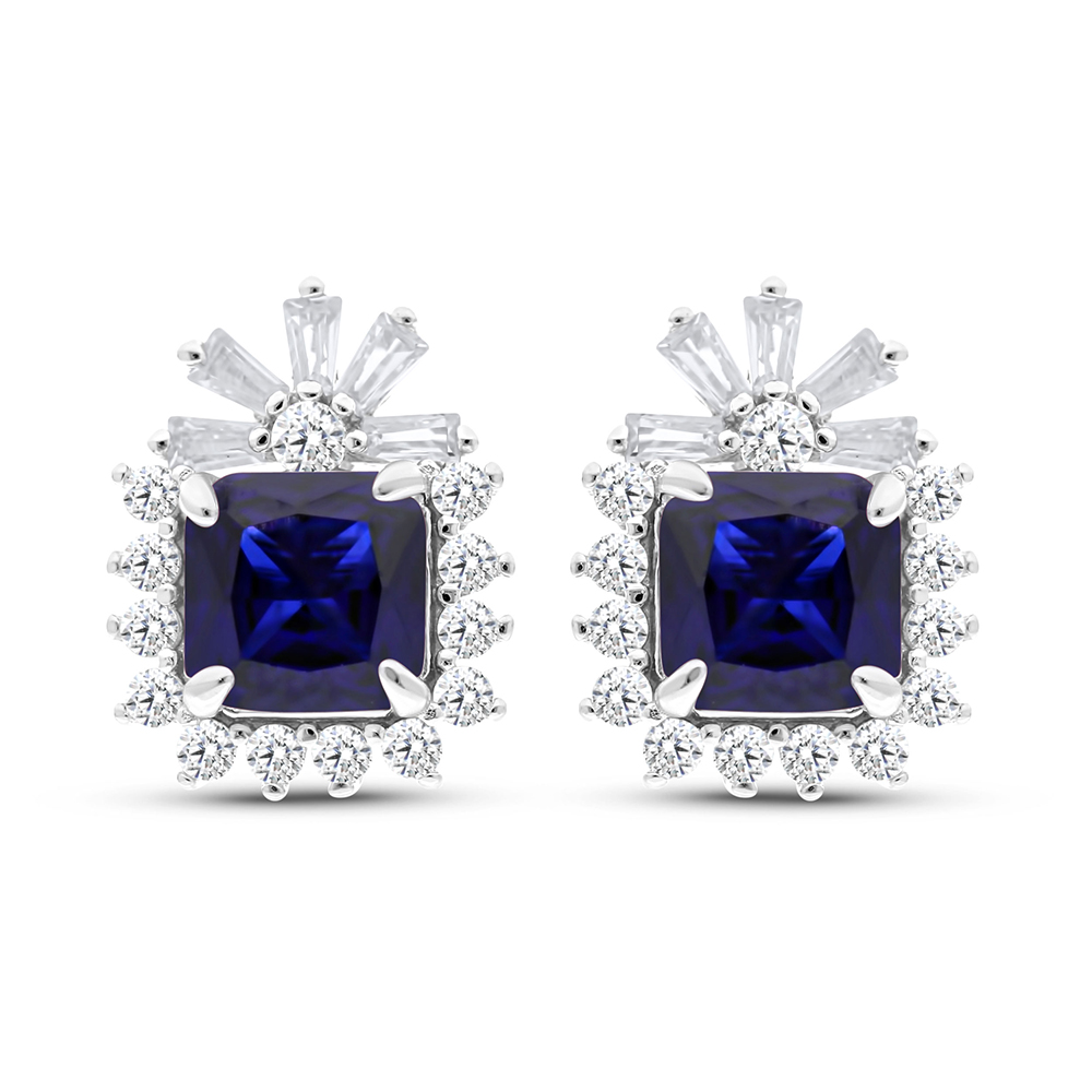 Sterling Silver 925 Earring Rhodium Plated Embedded With Sapphire Corundum And White CZ