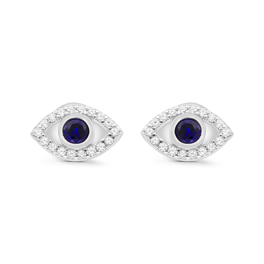 Sterling Silver 925 Earring Rhodium Plated Embedded With Sapphire Corundum And White CZ