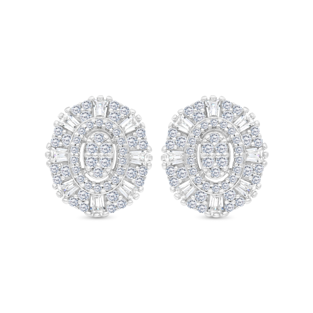 Sterling Silver 925 Earring Rhodium Plated Embedded With White CZ