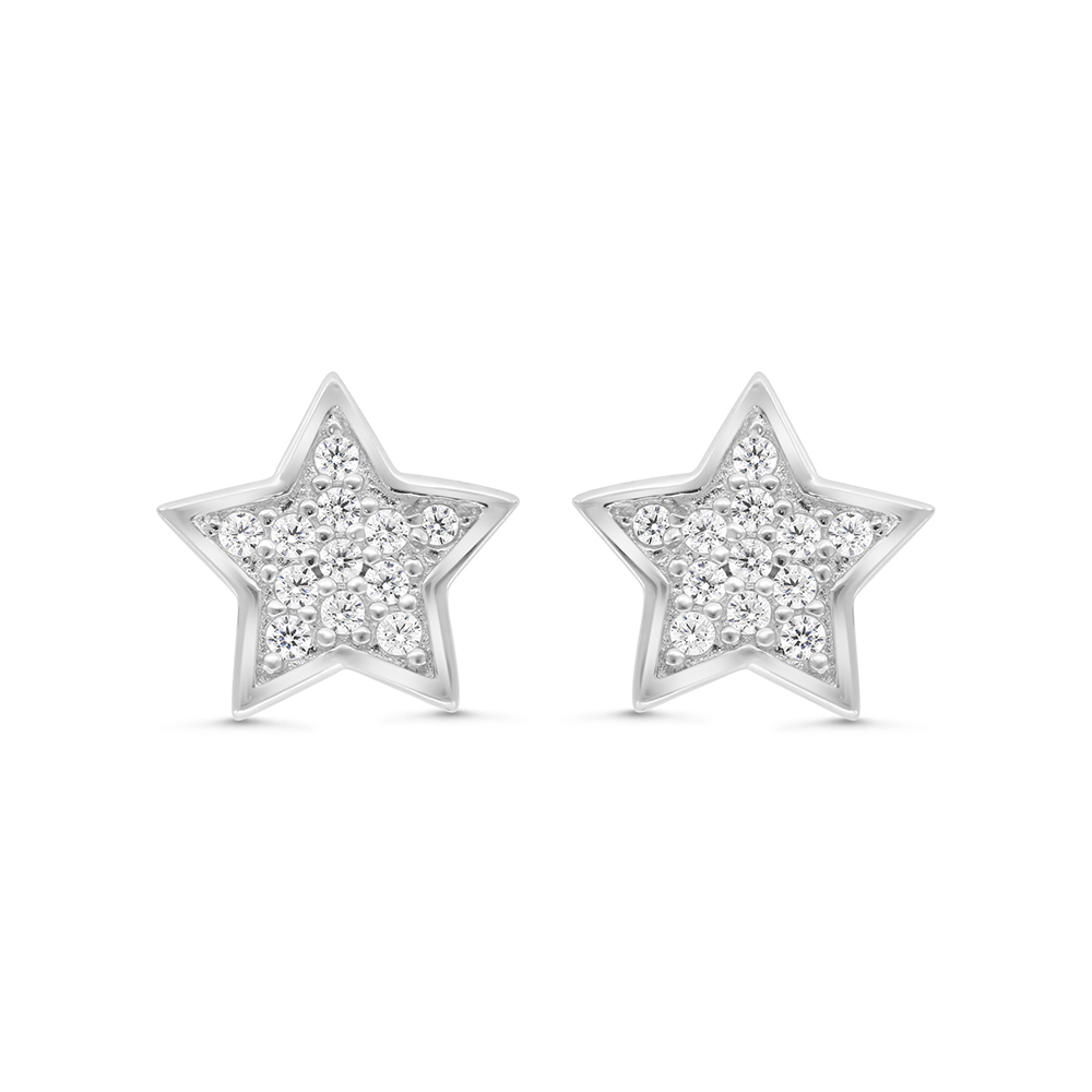 Sterling Silver 925 Earring Rhodium Plated Embedded With White CZ