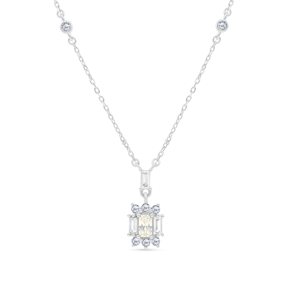 Sterling Silver 925 Necklace Rhodium Plated Embedded With Yellow Zircon And White CZ