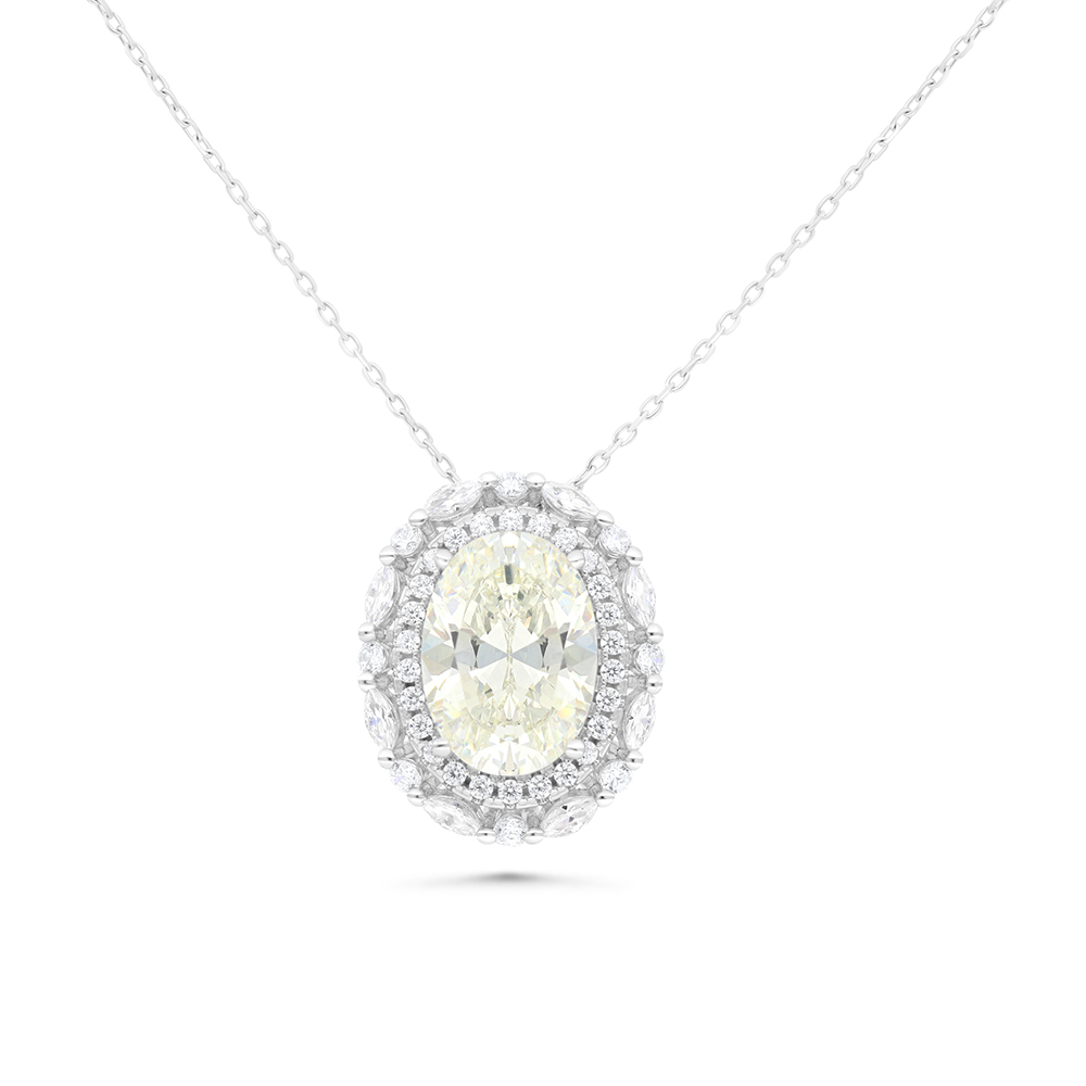 Sterling Silver 925 Necklace Rhodium Plated Embedded With Yellow Zircon And White CZ