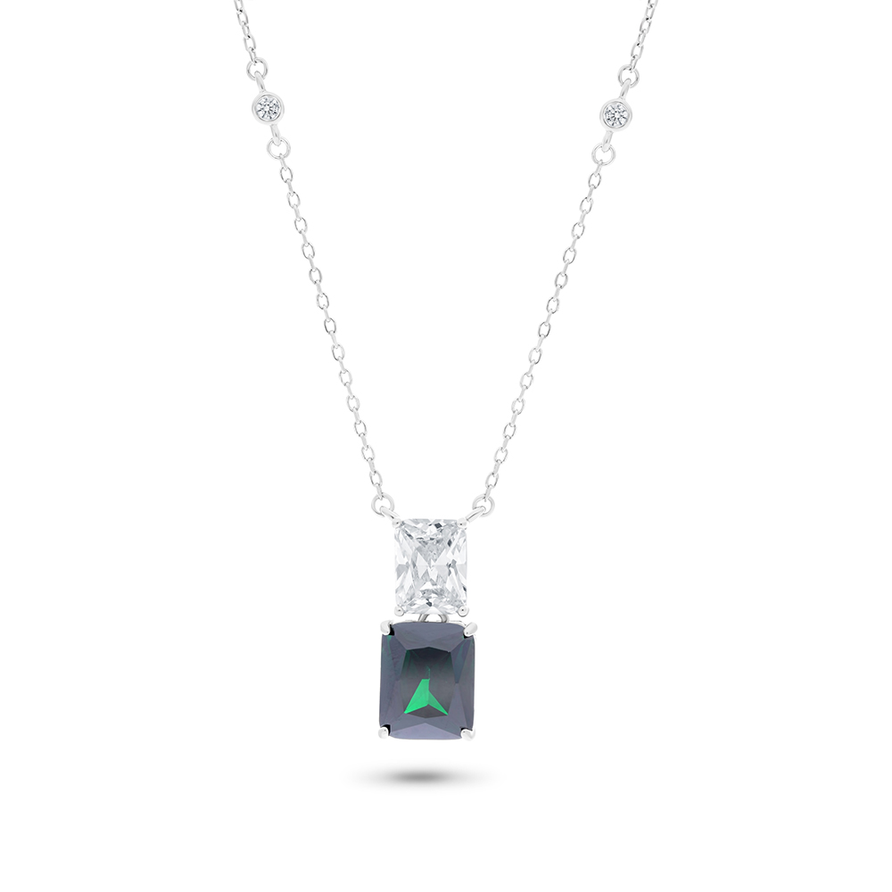 Sterling Silver 925 Necklace Rhodium Plated Embedded With Emerald Zircon And White CZ