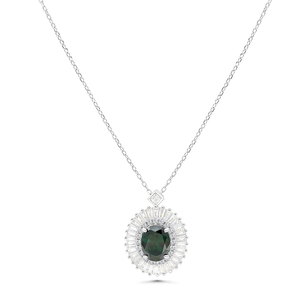 Sterling Silver 925 Necklace Rhodium Plated Embedded With Emerald Zircon And White CZ