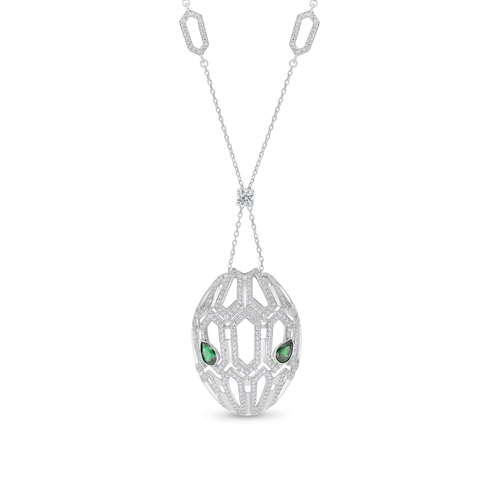 Sterling Silver 925 Necklace Rhodium Plated Embedded With Emerald Zircon And White CZ