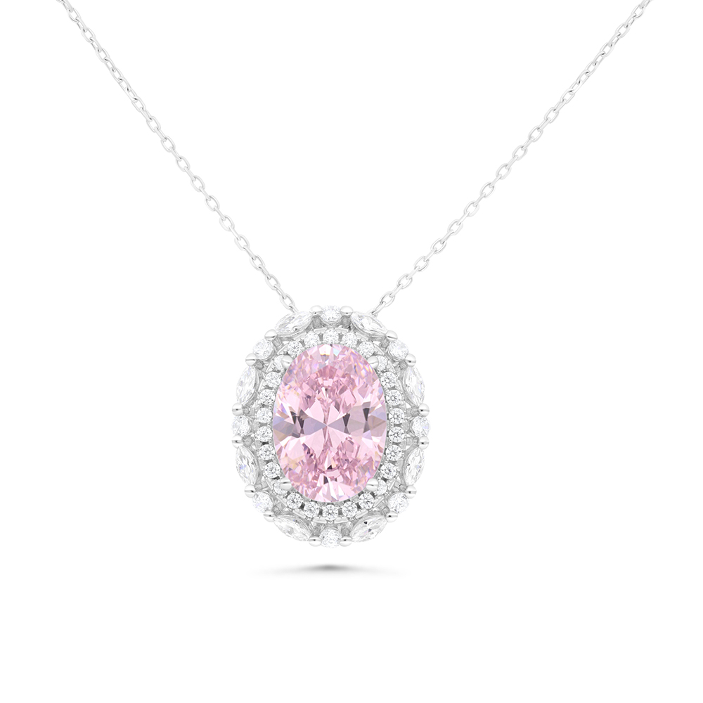 Sterling Silver 925 Necklace Rhodium Plated Embedded With pink Zircon And White CZ