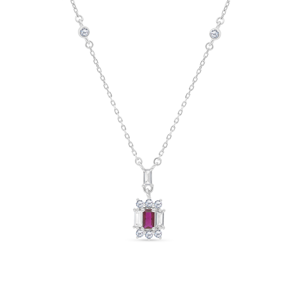 Sterling Silver 925 Necklace Rhodium Plated Embedded With Ruby Corundum And White CZ