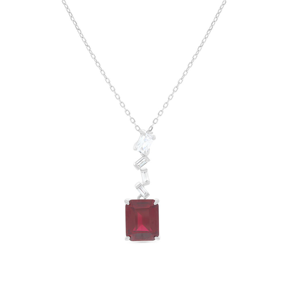 Sterling Silver 925 Necklace Rhodium Plated Embedded With Ruby Corundum And White CZ