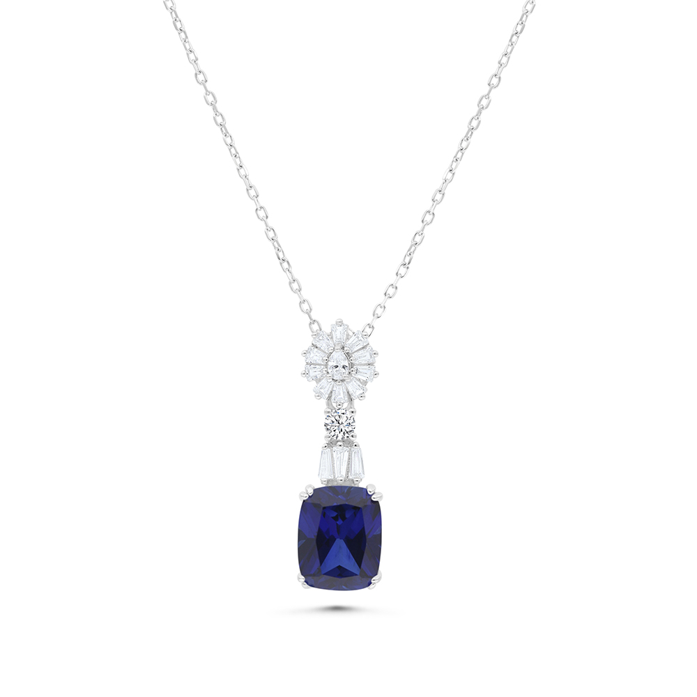 Sterling Silver 925 Necklace Rhodium Plated Embedded With Sapphire Corundum And White CZ