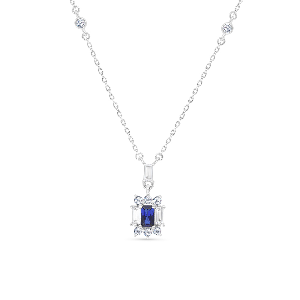 Sterling Silver 925 Necklace Rhodium Plated Embedded With Sapphire Corundum And White CZ