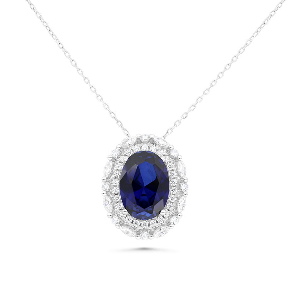 Sterling Silver 925 Necklace Rhodium Plated Embedded With Sapphire Corundum And White CZ