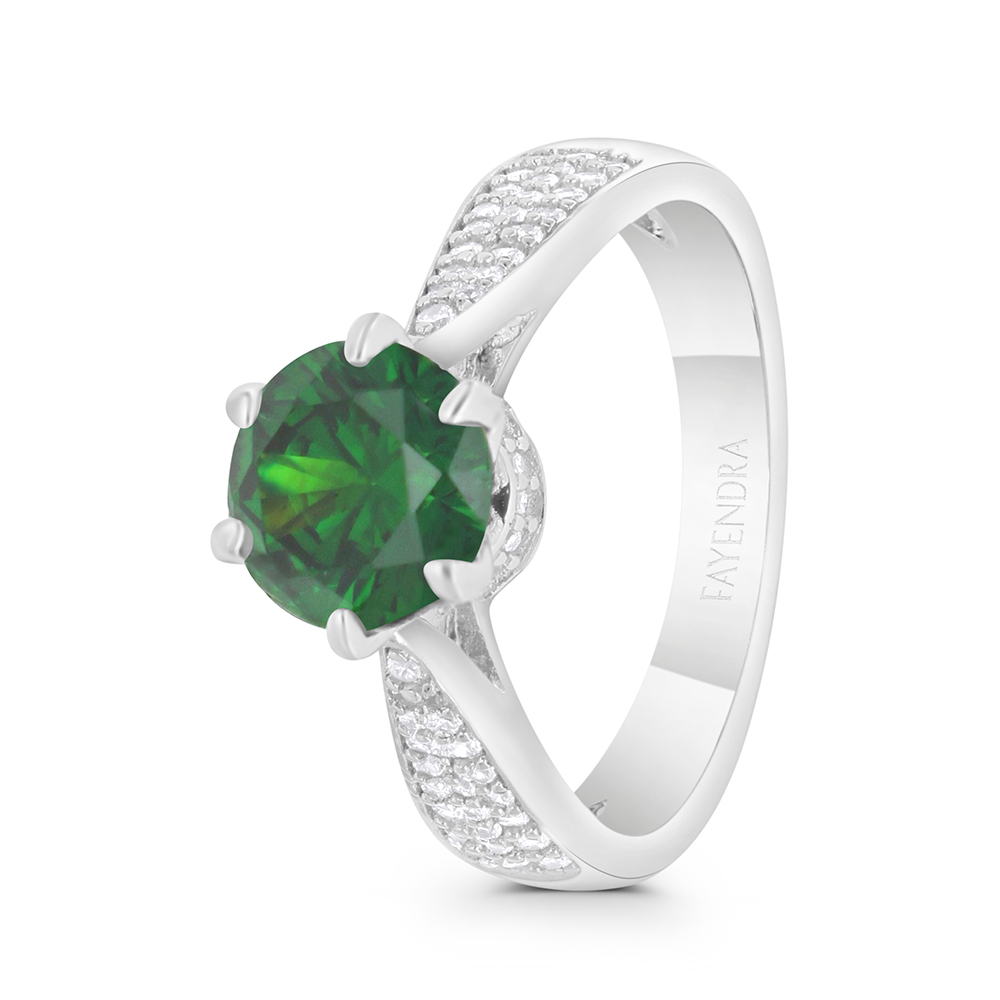 Sterling Silver 925 Ring Rhodium Plated Embedded With Emerald Zircon And White CZ