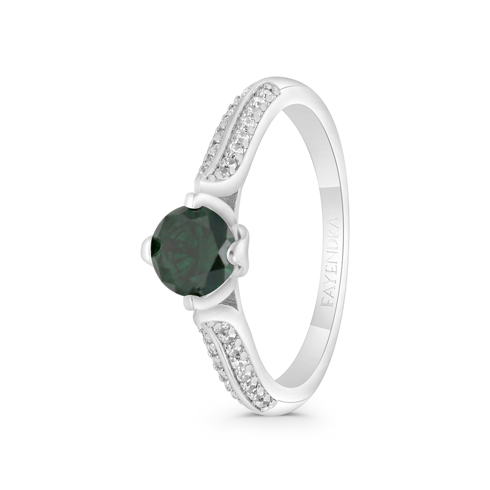 Sterling Silver 925 Ring Rhodium Plated Embedded With Emerald Zircon And White CZ