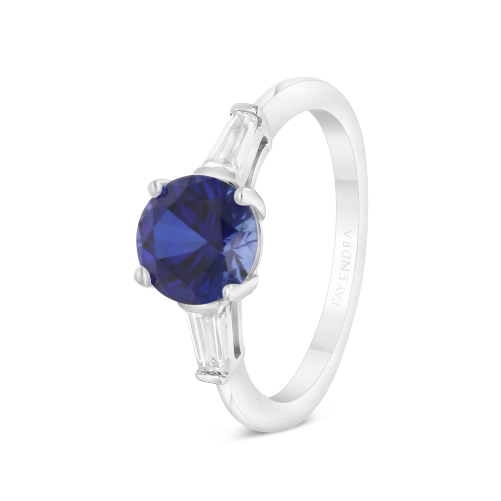 Sterling Silver 925 Ring Rhodium Plated Embedded With Sapphire Corundum And White CZ