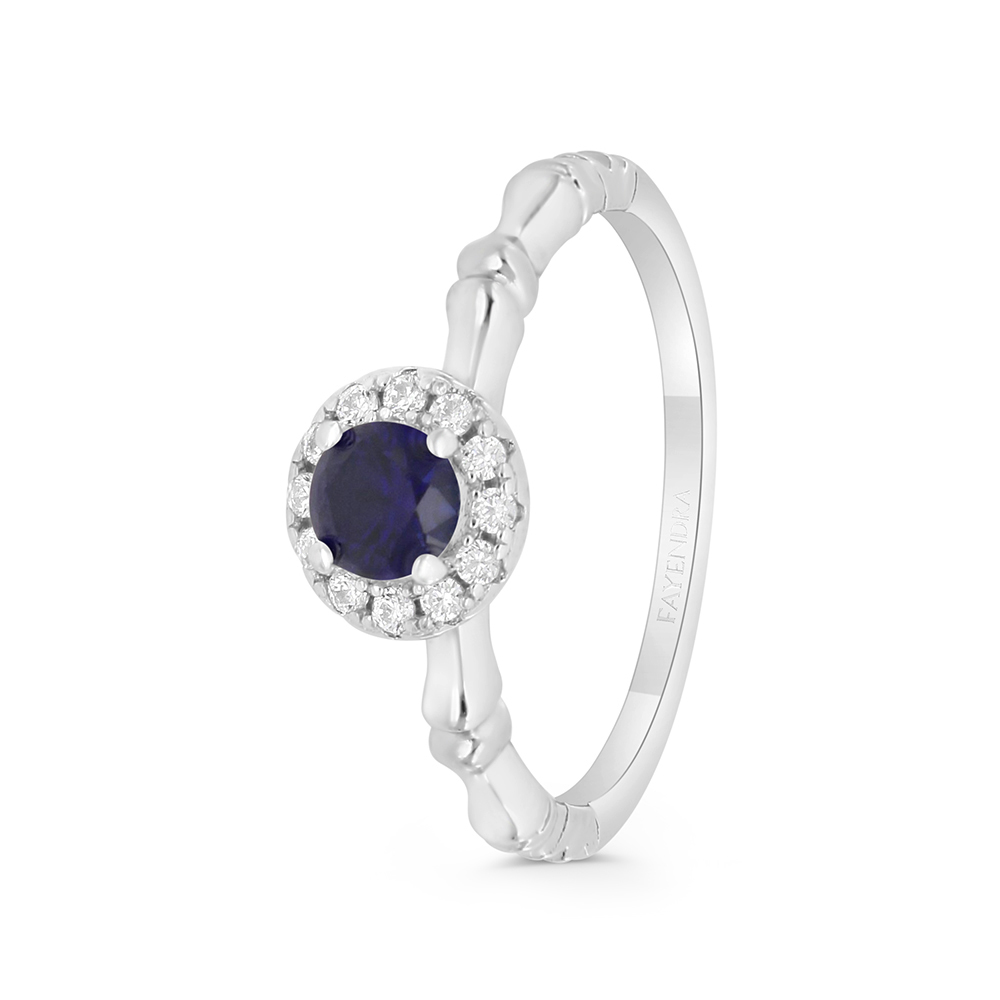 Sterling Silver 925 Ring Rhodium Plated Embedded With Sapphire Corundum And White CZ