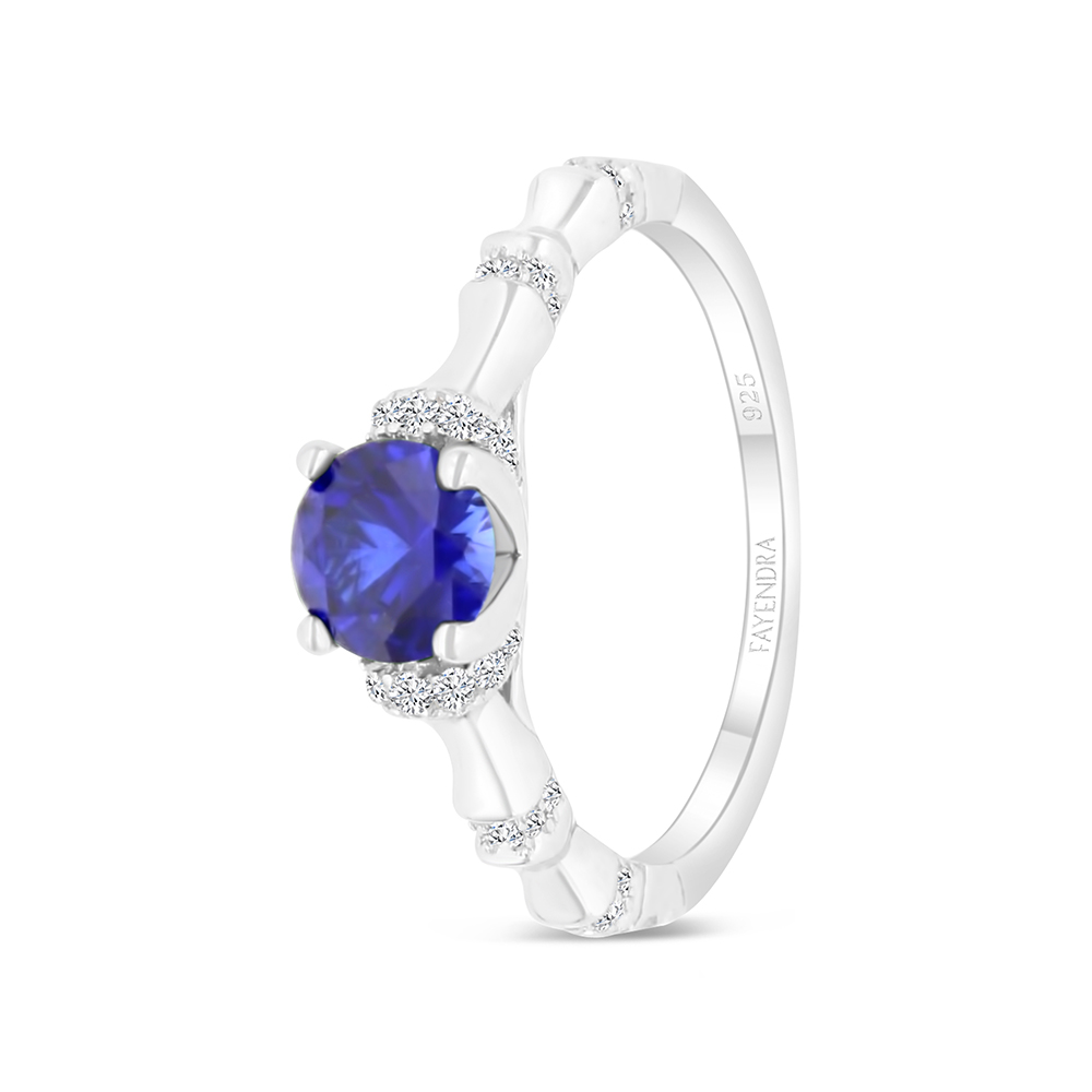 Sterling Silver 925 Ring Rhodium Plated Embedded With Sapphire Corundum And White CZ