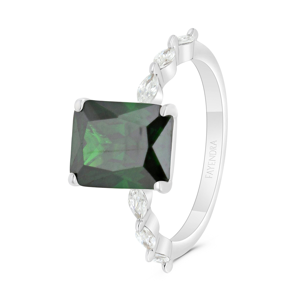 Sterling Silver 925 Ring Rhodium Plated Embedded With Emerald Zircon And White CZ