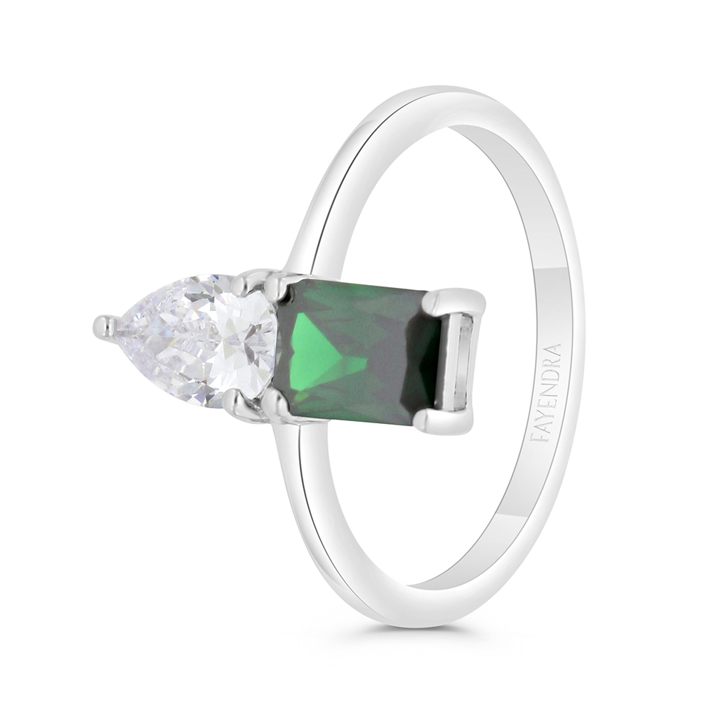 Sterling Silver 925 Ring Rhodium Plated Embedded With Emerald Zircon And White CZ