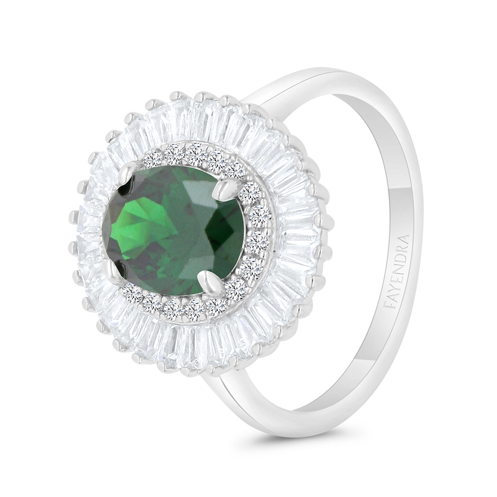 Sterling Silver 925 Ring Rhodium Plated Embedded With Emerald Zircon And White CZ