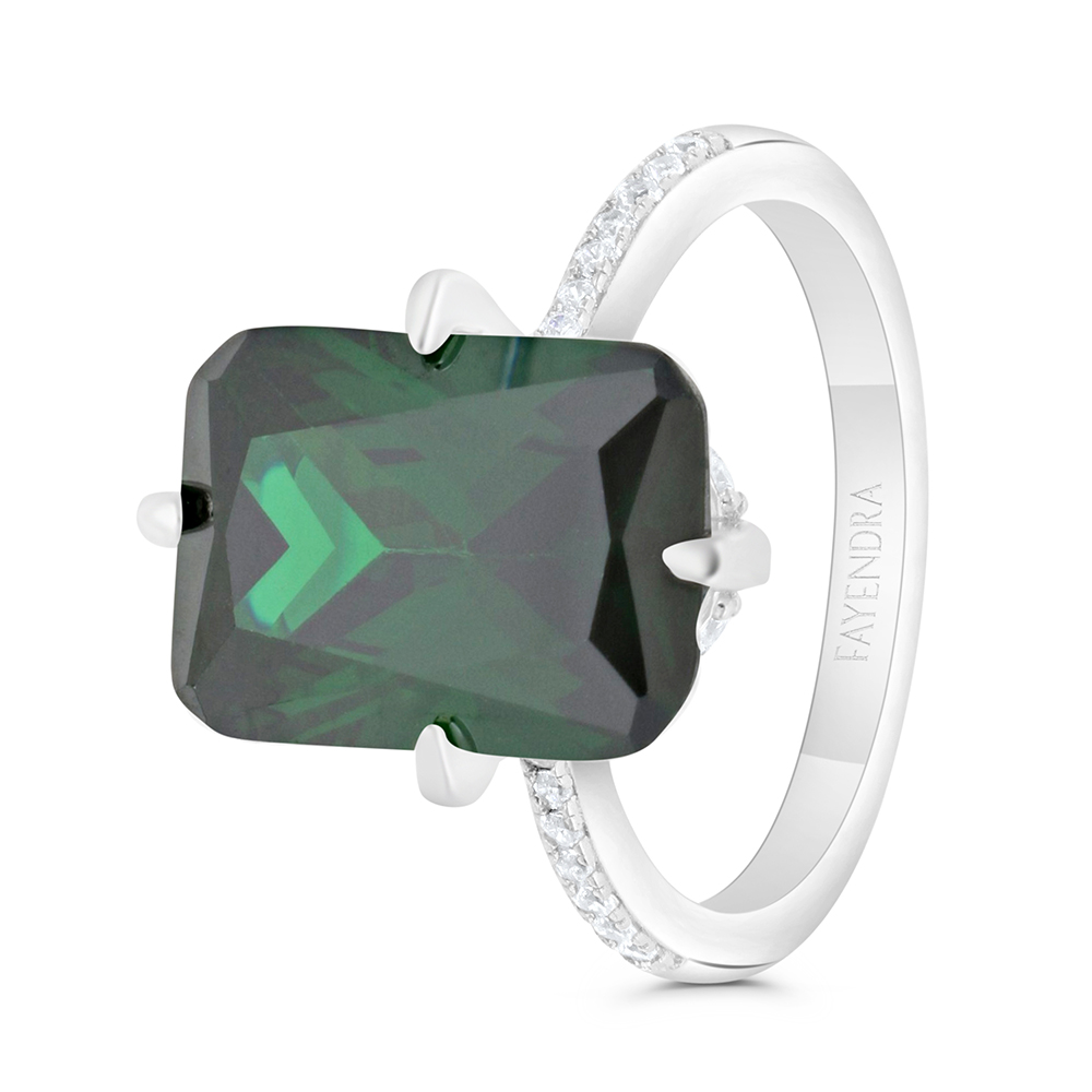 Sterling Silver 925 Ring Rhodium Plated Embedded With Emerald Zircon And White CZ