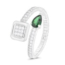 Sterling Silver 925 Ring Rhodium Plated Embedded With Emerald Zircon And White CZ