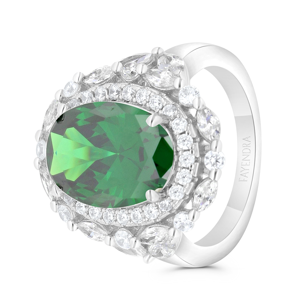 Sterling Silver 925 Ring Rhodium Plated Embedded With Emerald Zircon And White CZ