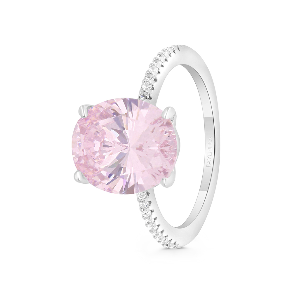 Sterling Silver 925 Ring Rhodium Plated Embedded With Pink Zircon And White CZ