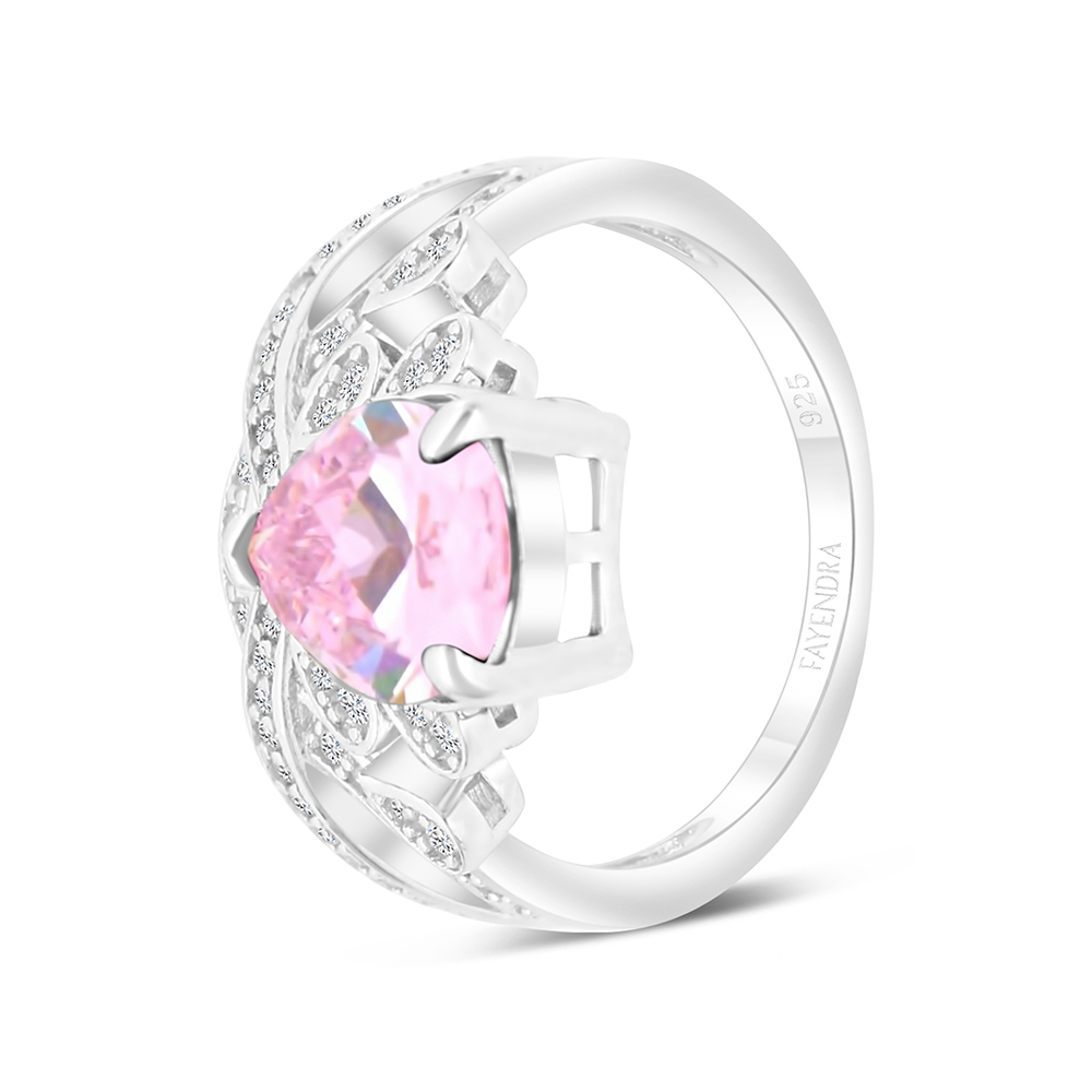 Sterling Silver 925 Ring Rhodium Plated Embedded With Pink Zircon And White CZ