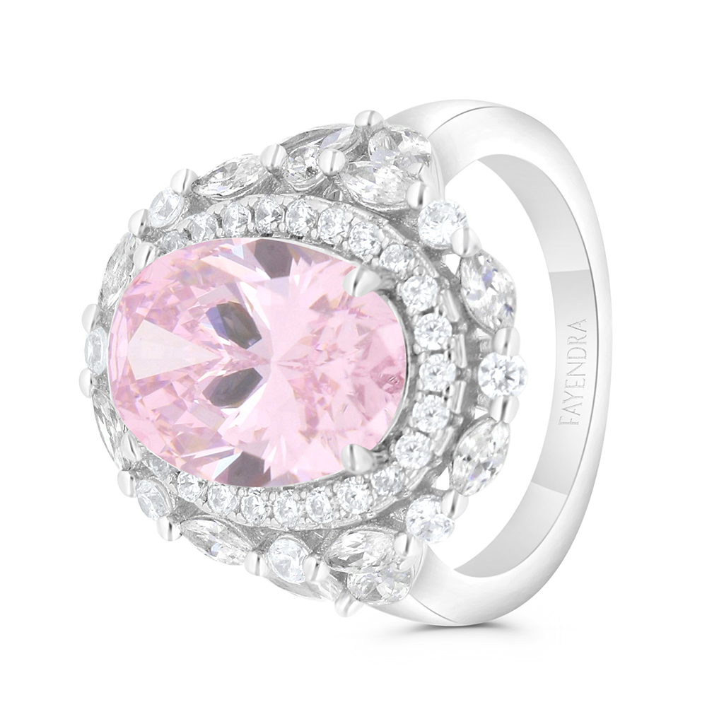 Sterling Silver 925 Ring Rhodium Plated Embedded With Pink Zircon And White CZ