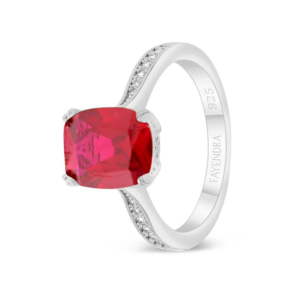 Sterling Silver 925 Ring Rhodium Plated Embedded With Ruby Corundum And White CZ