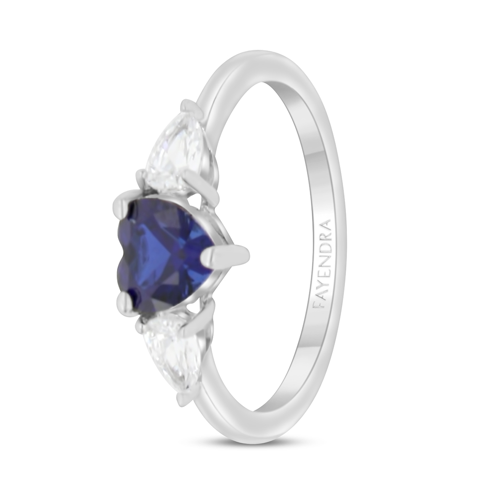 Sterling Silver 925 Ring Rhodium Plated Embedded With Sapphire Corundum And White CZ