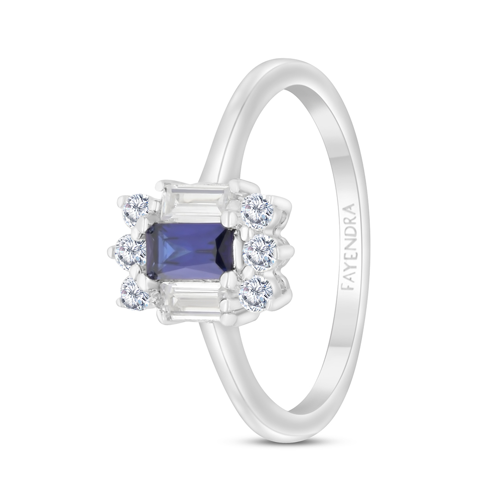 Sterling Silver 925 Ring Rhodium Plated Embedded With Sapphire Corundum And White CZ