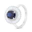 Sterling Silver 925 Ring Rhodium Plated Embedded With Sapphire Corundum And White CZ