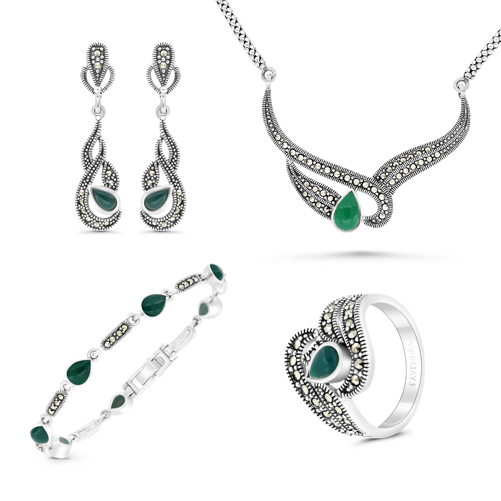 Sterling Silver 925 Set Embedded With Natural Green Agate And Marcasite Stones