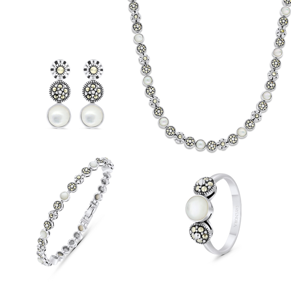 Sterling Silver 925 Set Embedded With Natural White Shell And Marcasite Stones