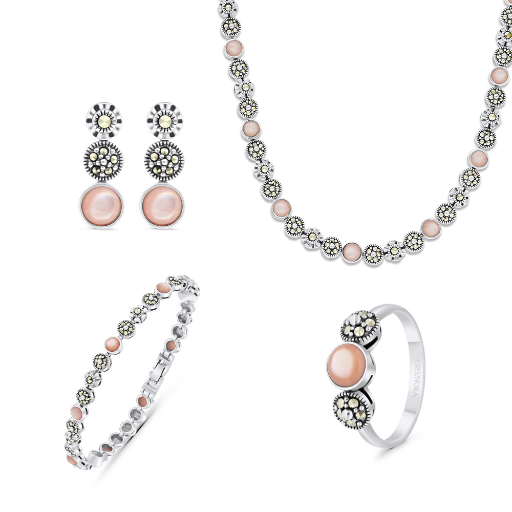 Sterling Silver 925 Set Embedded With Natural Pink Shell And Marcasite Stones