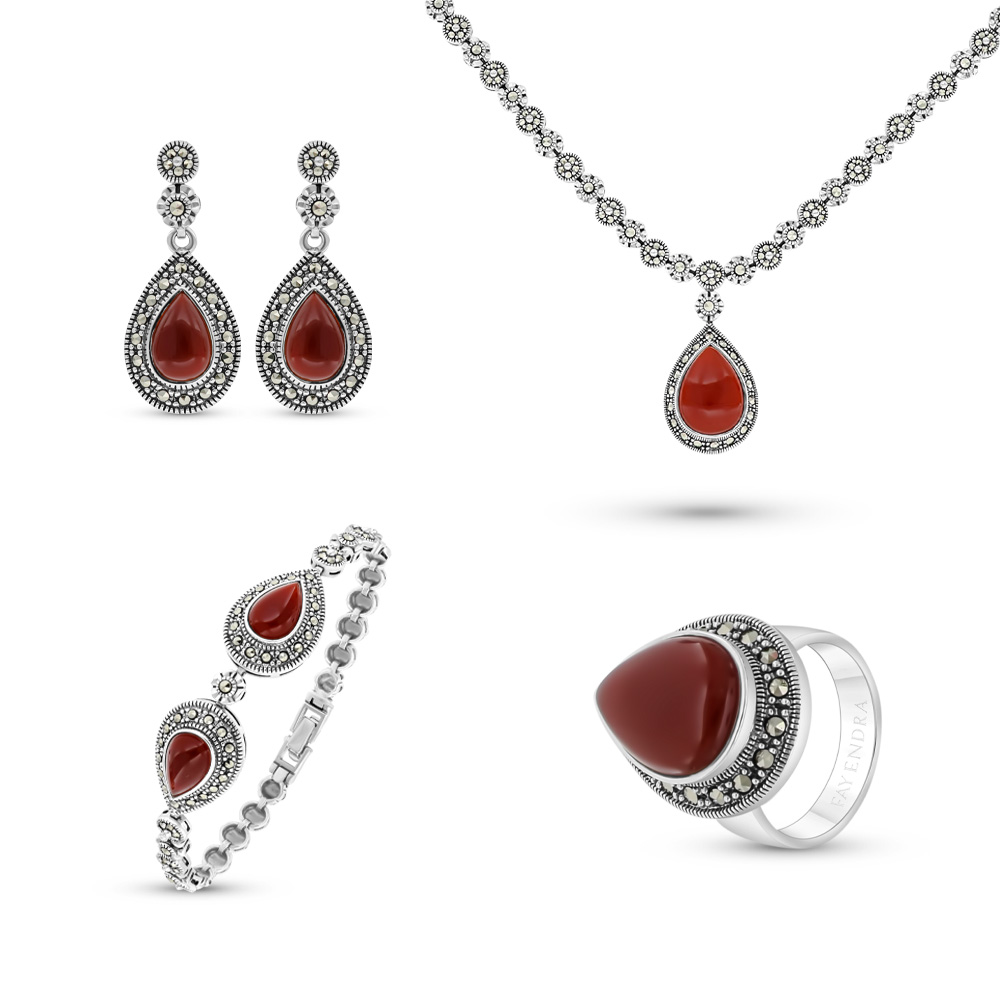 Sterling Silver 925 Set Embedded With Natural Aqiq And Marcasite Stones