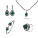 Sterling Silver 925 Set Embedded With Natural Green Agate And Marcasite Stones