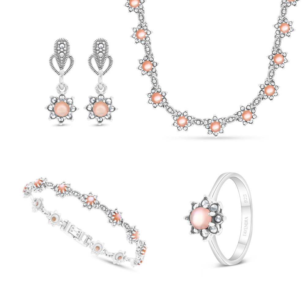 Sterling Silver 925 Set Embedded With Natural Pink Shell And Marcasite Stones